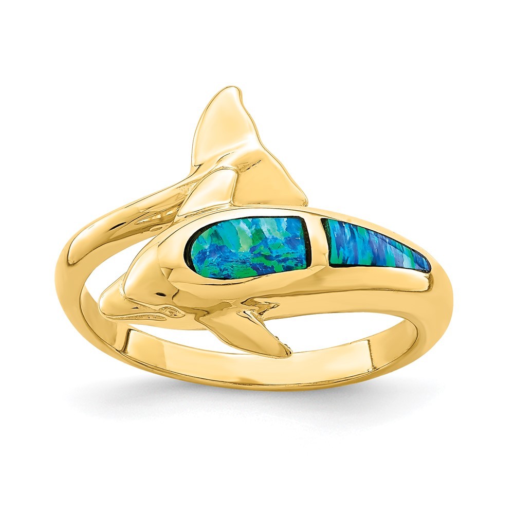 14k Yellow Gold Lab Created Opal Dolphin Nautical Sea Life Ring, Size 7